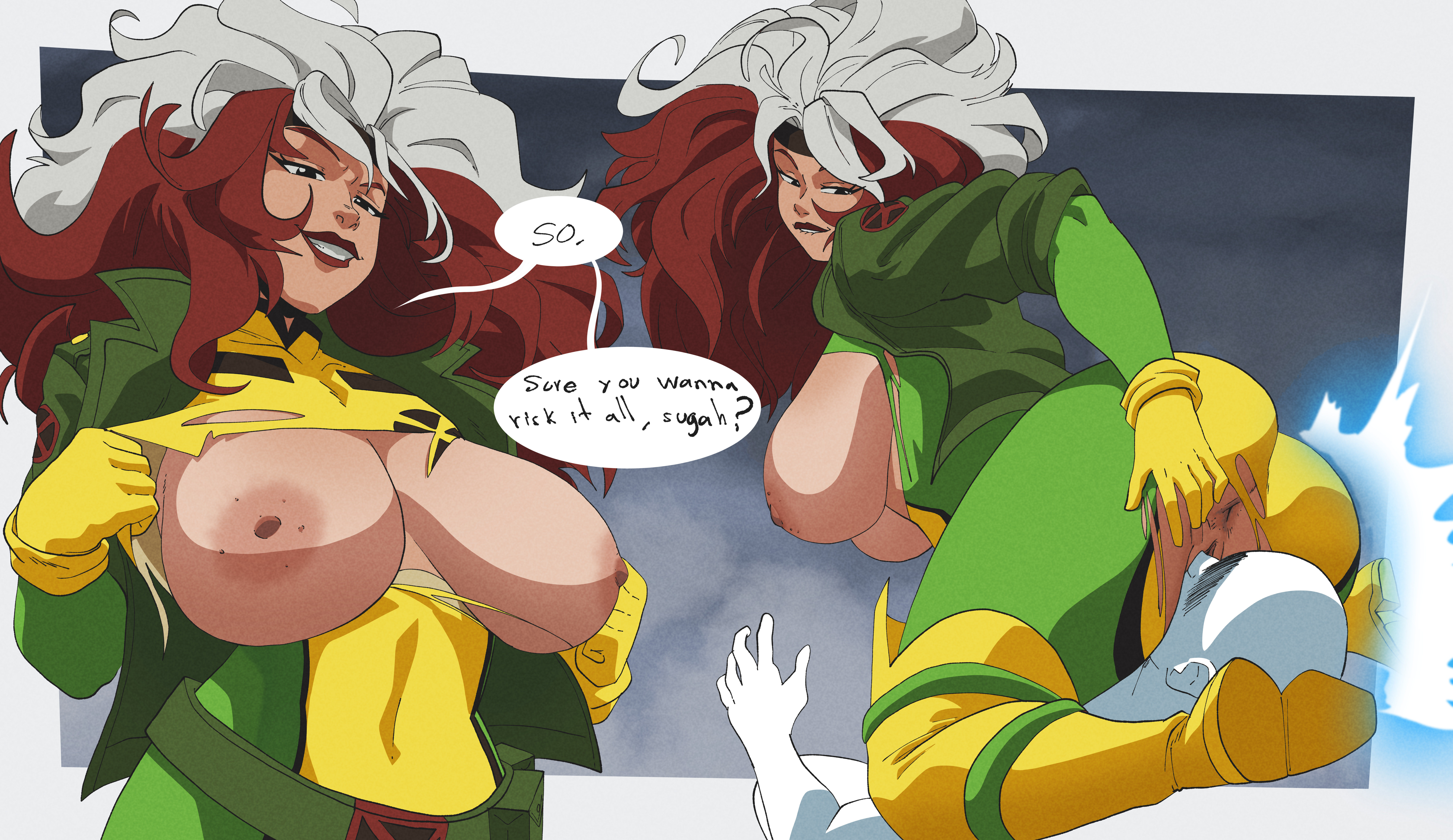 1boy, 1girls, anna marie, areolae, ass, big ass, big breasts, big butt, breasts, brown hair, bubble ass, bubble butt, coolerinker, english text, facesitting, female, female focus, huge breasts, inker comics, inkershike, large ass, large butt, marvel, marvel comics, nipples, ripped bodysuit, ripped clothing, rogue (x-men), solo, solo female, solo focus, text, two-tone hair, white hair, x-men, x-men 97