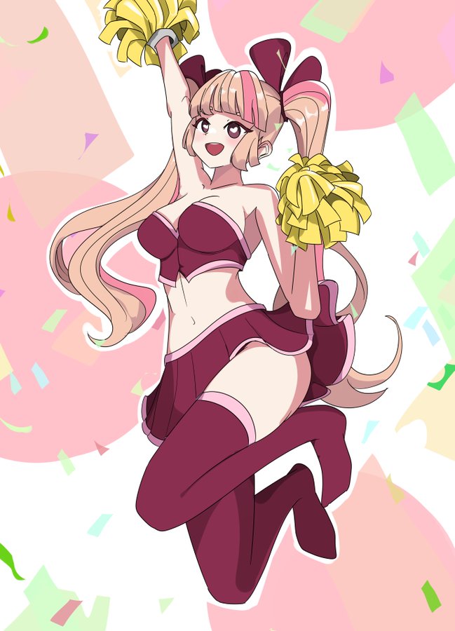 1girls 2d arms arms_up bare_shoulders belly belly_button blush breasts breasts breasts cheerleader cheerleader_outfit clothed clothing digital_drawing_(artwork) female female_focus female_only fortnite hair heart-shaped_pupils jumping kneesocks legs lennox_rose_(fortnite) light_skin long_hair navel open_eyes open_mouth pink_eyes pink_hair pink_skirt shoulders skirt stomach thehollowhusk thighs twintails two_tone_hair waist