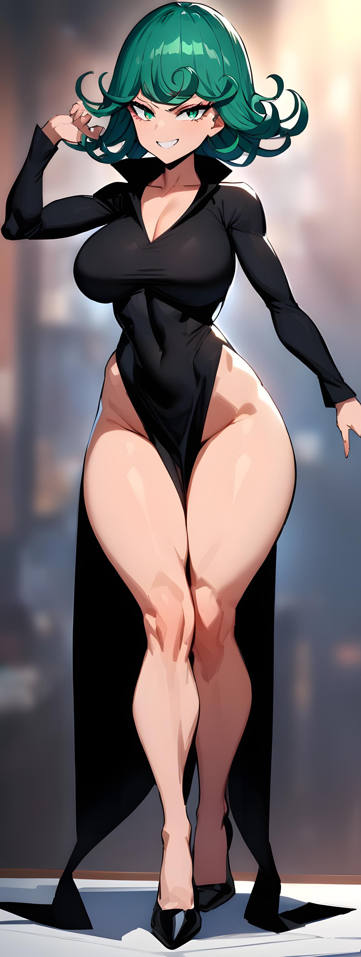 1girls, ai generated, arrogant, belly, big breasts, black clothing, black dress, black high heels, breasts, clothed, clothing, collarbone, curly hair, eyelashes, female, female focus, female only, fit, fit female, green eyes, green hair, grin, high heel boots, high heels, hips, huge breasts, light skin, light-skinned female, long sleeves, looking at viewer, one-punch man, pale skin, pale-skinned female, shiny skin, short hair, solo, solo female, standing, stomach, tatsumaki, thick thighs, thighs, tight clothes, tight clothing, tight fit, voluptuous, voluptuous female, white skin, wide hips
