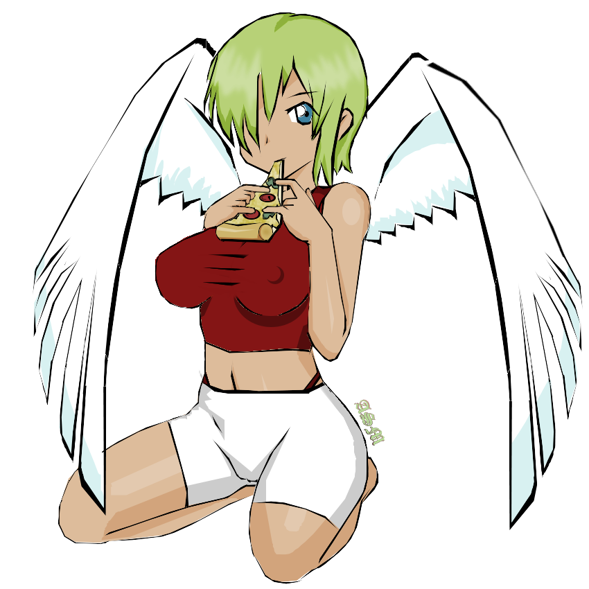 1girls angel asm blonde_hair blue_eyes eat erect_nipples female pizza solo tight_pants wings