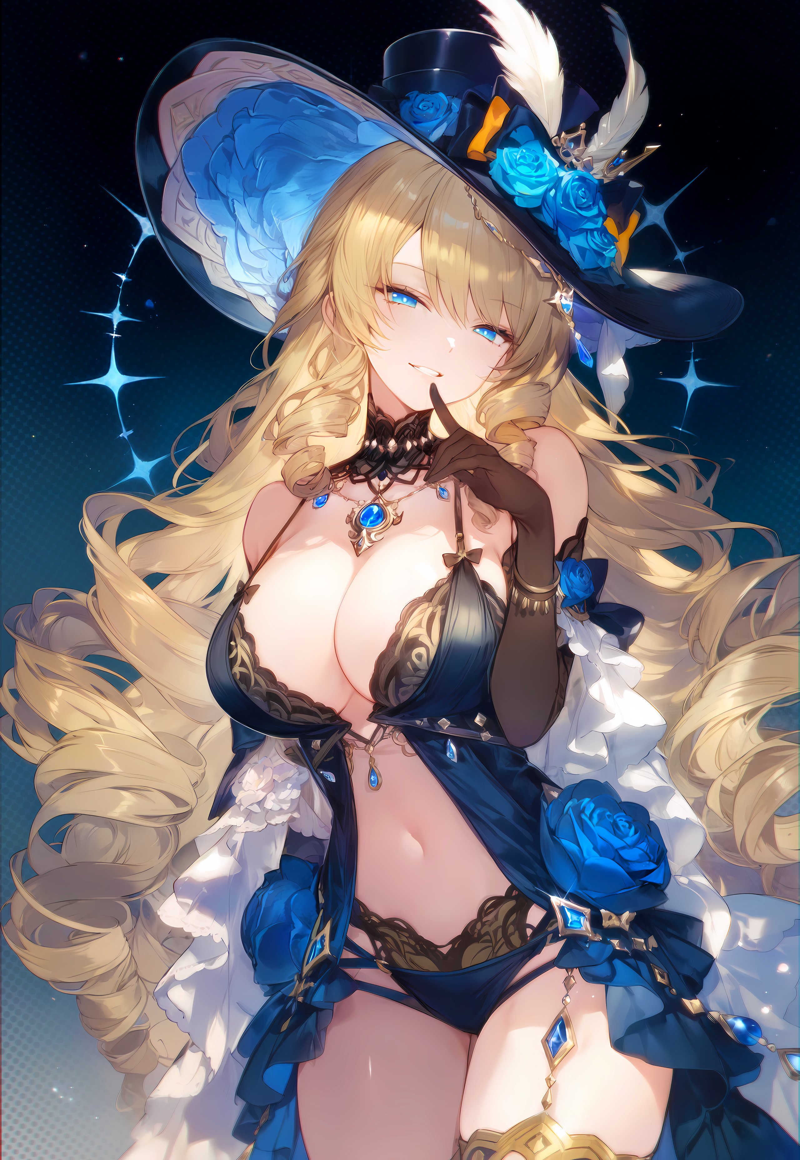 1girls, ai generated, big breasts, blonde hair, blue eyes, breasts, cleavage, diffirresponsibly, female, genshin impact, high resolution, jewelry, large breasts, light skin, light-skinned female, looking at viewer, navia (genshin impact), pale skin, smiling at viewer, solo, solo female, thighs, very high resolution, wide hips