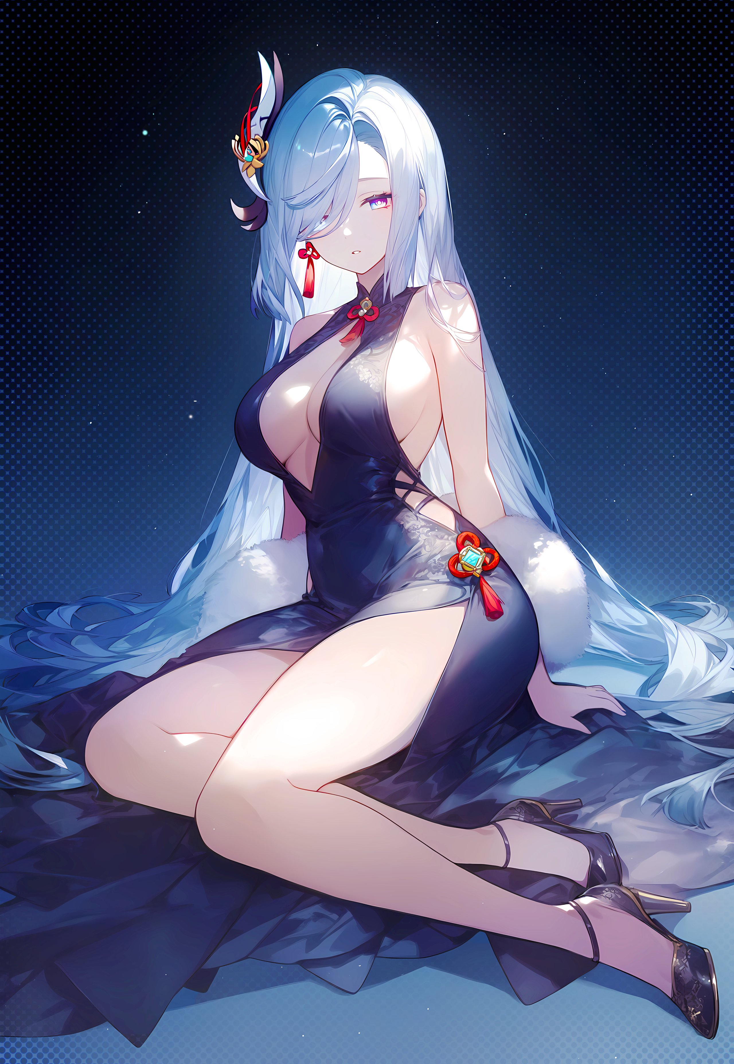 1girls, ai generated, breasts, cleavage, diffirresponsibly, dress, female, female only, genshin impact, high heels, high resolution, large breasts, light skin, light-skinned female, looking at viewer, shenhe (genshin impact), solo, thighs, very high resolution, wide hips