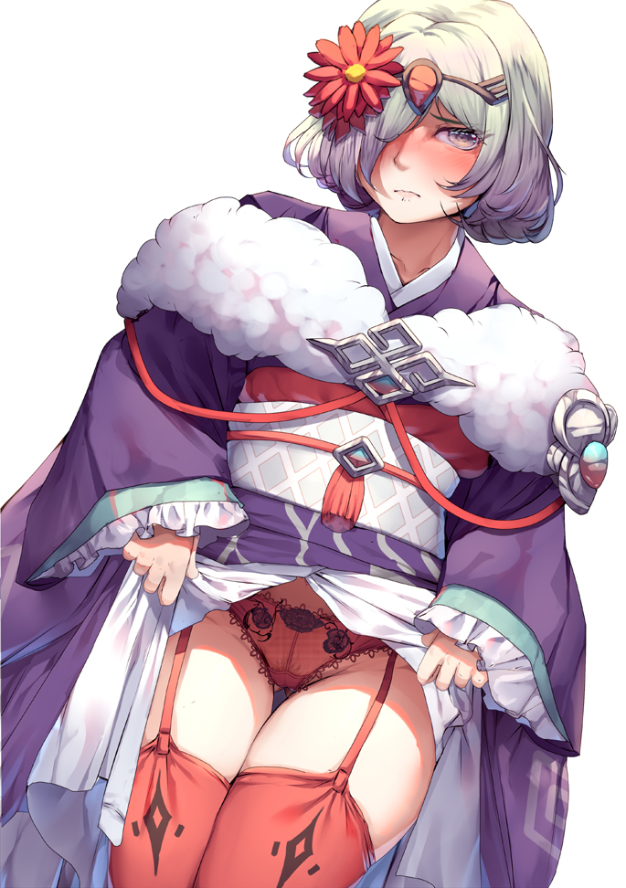 1girls alternate_costume ass_visible_through_thighs blush disgusted female female_only fire_emblem fire_emblem_heroes flower garter_straps grey_hair hair_flower hair_ornament hair_over_one_eye harihisa humiliation japanese_clothes kimono kvasir_(fire_emblem) kvasir_(unknown_future)_(fire_emblem) lifted_by_self looking_at_viewer nintendo nose_blush obi official_alternate_costume panties purple_kimono red_panties red_thighhighs sash short_hair skirt_lift solo thighhighs underwear