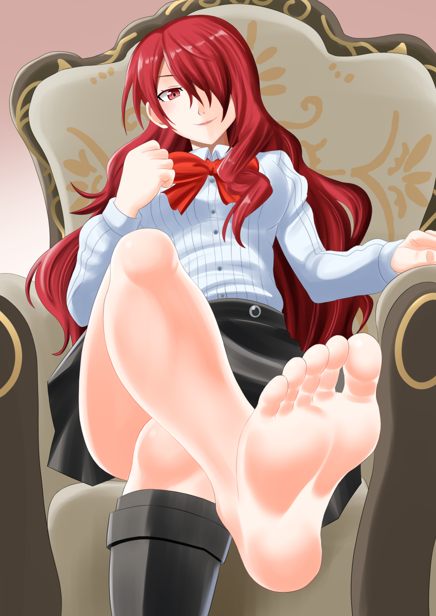 1girls, absurdres, armchair, barefoot, chair, crossed legs, feet, female, foot fetish, hair over one eye, highres, light smile, long hair, looking at viewer, mitsuru kirijo, persona, persona 3, red eyes, red hair, shivharu, sitting, soles, toes