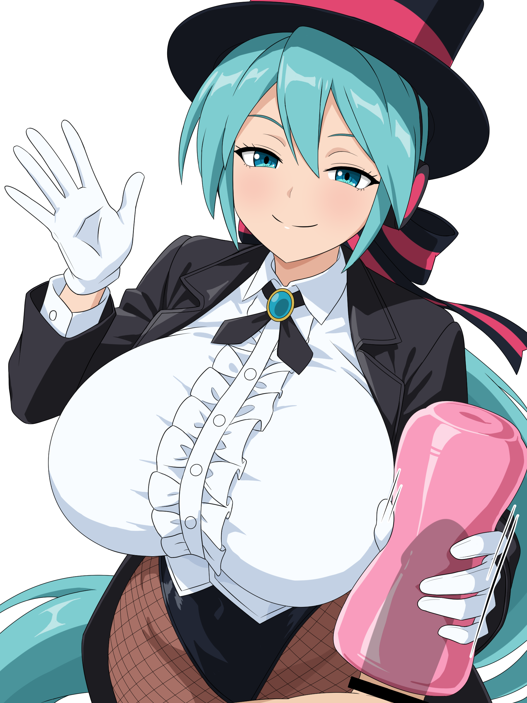 1boy, 1girl, 1girls, alternate breast size, alternate costume, alternate hairstyle, aqua eyes, aqua hair, artificial vagina, bar censor, black headwear, blue eyes, blue hair, blush, breasts, censored, clothed female nude male, female, fishnet pantyhose, fishnets, gloved handjob, gloves, handjob, handjob w/sex toy, hat, hatsune miku, hetero, huge breasts, leotard, light skin, light-skinned female, light-skinned male, long hair, looking at viewer, low ponytail, magician, magician hat, magician tuxedo, male, migikoba, miracle paint (vocaloid), pantyhose, penis, ponytail, project diva, sex toy, shirt, simple background, smile, smug, solo focus, textless, top hat, very long hair, vocaloid, white background, white gloves