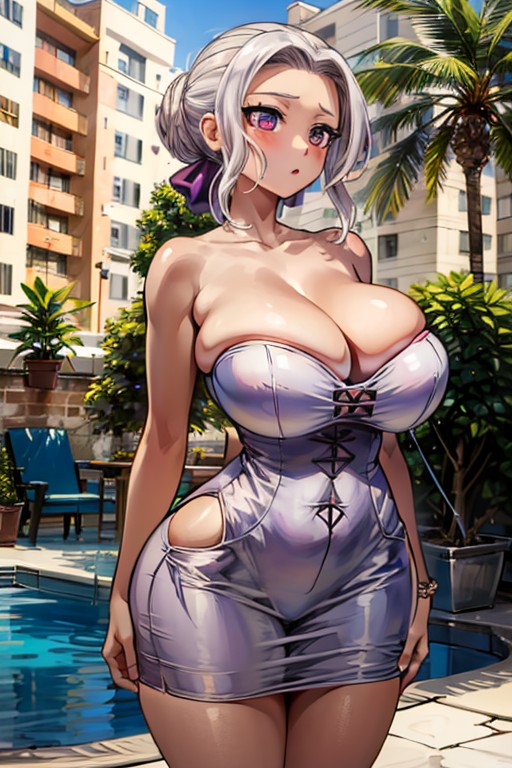 ai_generated alternate_breast_size blush bursting_breasts busty cleavage girlfriend_girlfriend hair_bun hourglass_figure huge_breasts kanojo_mo_kanojo kiryuu_shino perfect_body purple_dress purple_eyes shino_kiryuu skin_tight skindentation slim_waist thick_thighs thin_waist tight_clothing white_hair wide_hips zakvar