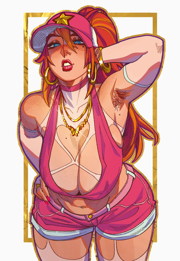 1girls, arm up, armpit hair, armpits, baseball cap, bent over, blue eyes, breasts, cleavage, earrings, female, female armpit hair, female only, hairy armpits, hat, huge breasts, mole on armpit, mole on breast, mole under eye, nastacicnsfw, natalie (nastacic), original character, painted nails, ponytail, shorts, solo, tank top