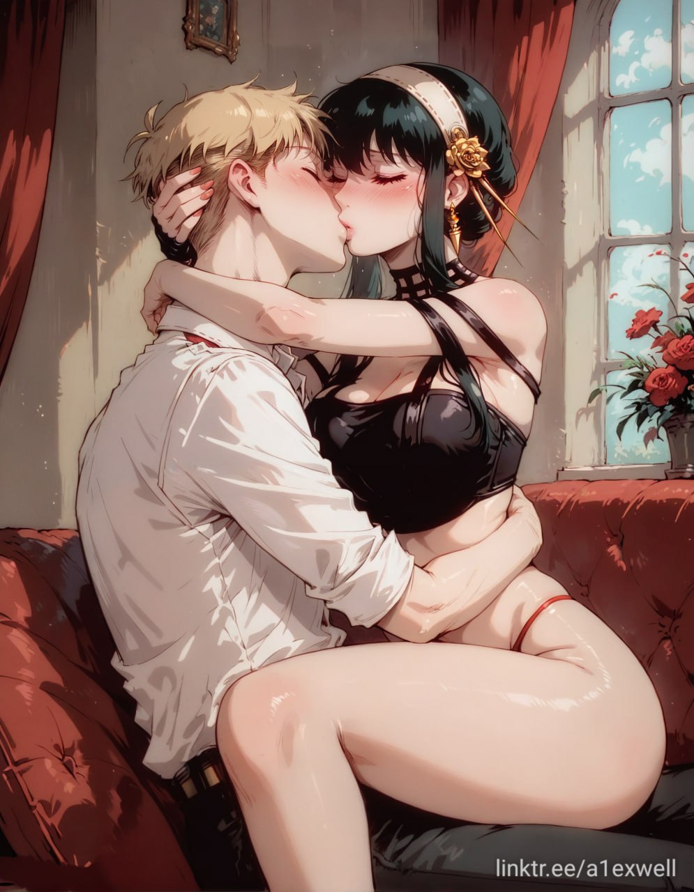 1boy, 1girls, a1exwell, ai generated, blush, couple, couple (romantic), couple love, female, human, kissing, loid forger, male, male/female, spy x family, stable diffusion, yor briar, yor forger