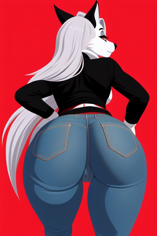 ai_generated anthro ass big_butt diplive7 female female_only furry hellhound helluva_boss jeans loona_(helluva_boss) red_background simple_background simple_coloring simple_shading thick_ass thick_thighs tight_clothing tight_fit vector_art_style