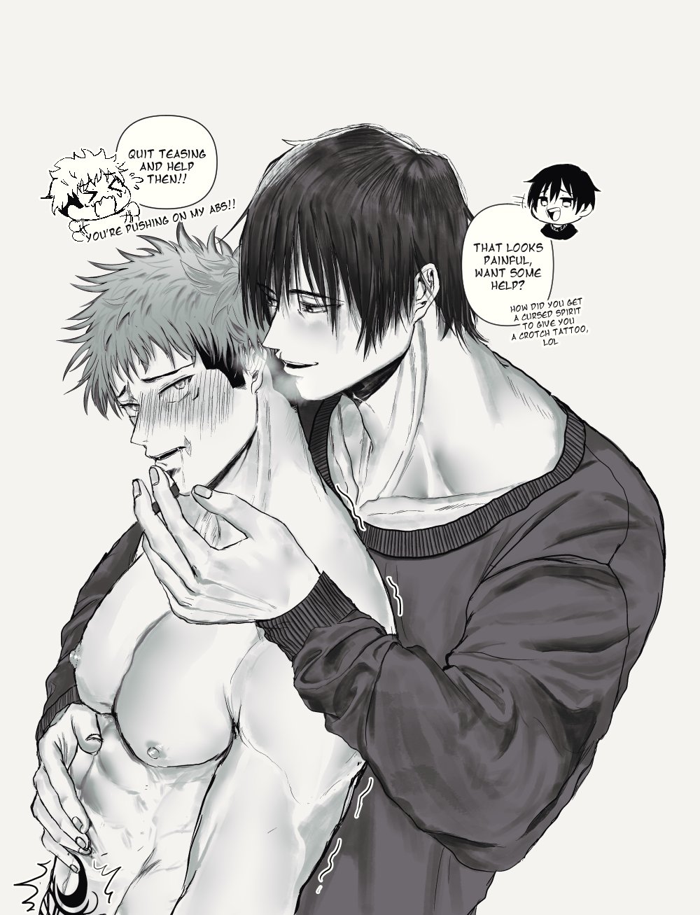 2boys abs black_and_white blush chibi clothed_male_nude_male crotch_tattoo drooling english_text grabbing_from_behind honk_honkhonkk itadori_yuuji jujutsu_kaisen male/male male_only muscular_male nipples no_visible_genitalia scar size_difference tattoo teasing toji_fushiguro touching_abs visible_breath yaoi