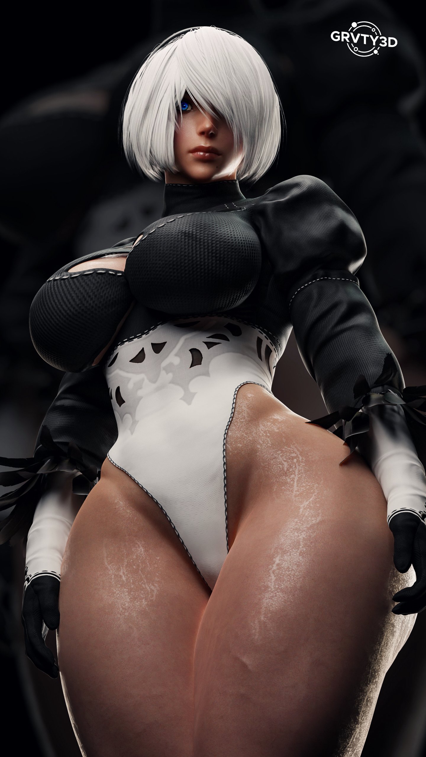 1girls, 3d, 3d (artwork), android, ass, big ass, big breasts, big butt, blender (software), blue eyes, boots, breasts, bubble butt, butt focus, fat ass, female, female only, giant ass, gloves, grvty3d, hairband, heavenly ass, juliet sleeves, knee boots, leotard, light-skinned female, looking at viewer, nier, nier (series), nier: automata, robot, robot girl, robot humanoid, shiny, shiny skin, short hair, simple background, solo, solo female, solo focus, thick thighs, white hair, yorha 2b