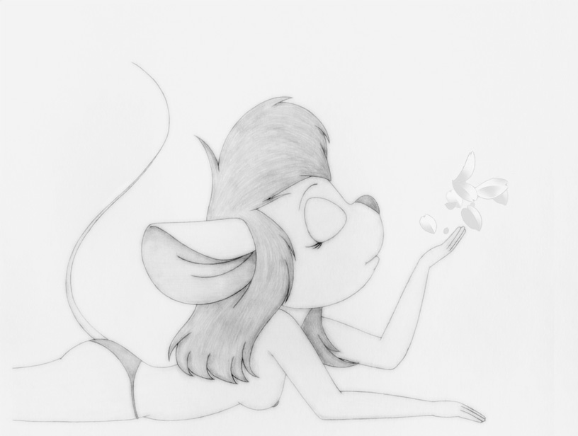 4_fingers anthro breasts chip_'n_dale_rescue_rangers closed_eyes closed_mouth clothes delta disney eyelashes female female_only furry gadget_hackwrench greyscale hair long_hair lying mammal monochrome mouse nipples on_front petal raised_tail rodent round_ears side_view solo topless