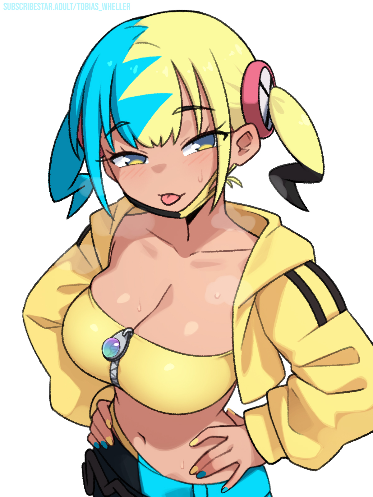 :p, 1girls, black hair, black mask, black pants, blonde hair, blue hair, blue nails, blue pants, blush, breasts, canari (pokemon), canary (pokemon), commentary, english commentary, female, highres, jacket, long sleeves, looking at viewer, mask, mask pull, medium breasts, mouth mask, multicolored hair, multicolored nails, nail polish, navel, nintendo, paid reward available, pants, pokemon, pokemon legends: z-a, short twintails, simple background, solo, sports bra, steaming body, sweat, tobias wheller, tongue, tongue out, twintails, two-tone pants, white background, yellow jacket, yellow nails, yellow sports bra