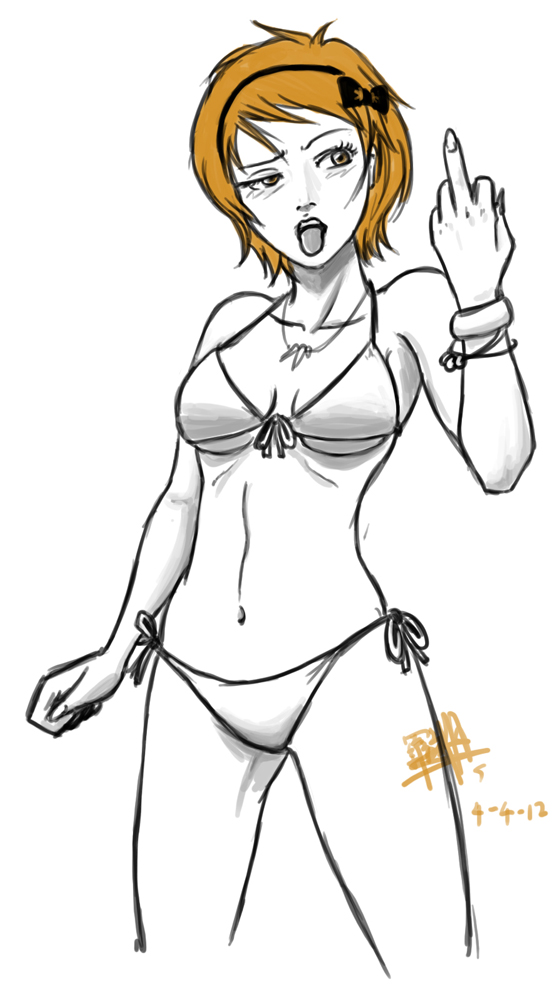 alternate_version_available artist_request bikini breasts brown_hair derpina female female_focus female_only hairband meme middle_finger one_eye_half-closed rage_comics tagme tongue_out white_background yellow_eyes