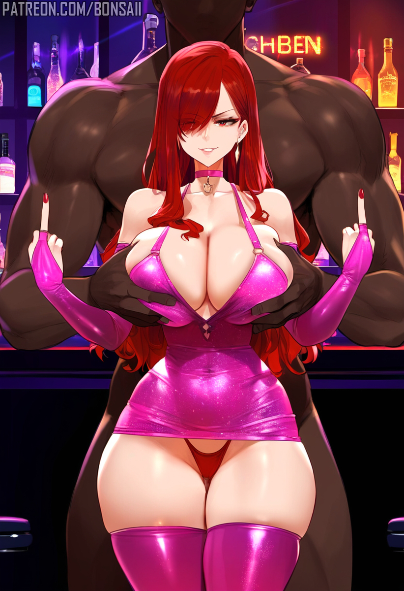 1boy 1girls ai_generated bare_legs bare_shoulders bare_thighs big_breasts bons_ai color dark-skinned_male dark_skin dress erza_scarlet fairy_tail female grabbing_breasts hand_on_breast hi_res interracial large_breasts light-skinned_female light_skin long_hair looking_at_viewer male male/female middle_finger muscles muscular muscular_male netorare ntr red_eyes red_hair tagme thick_thighs