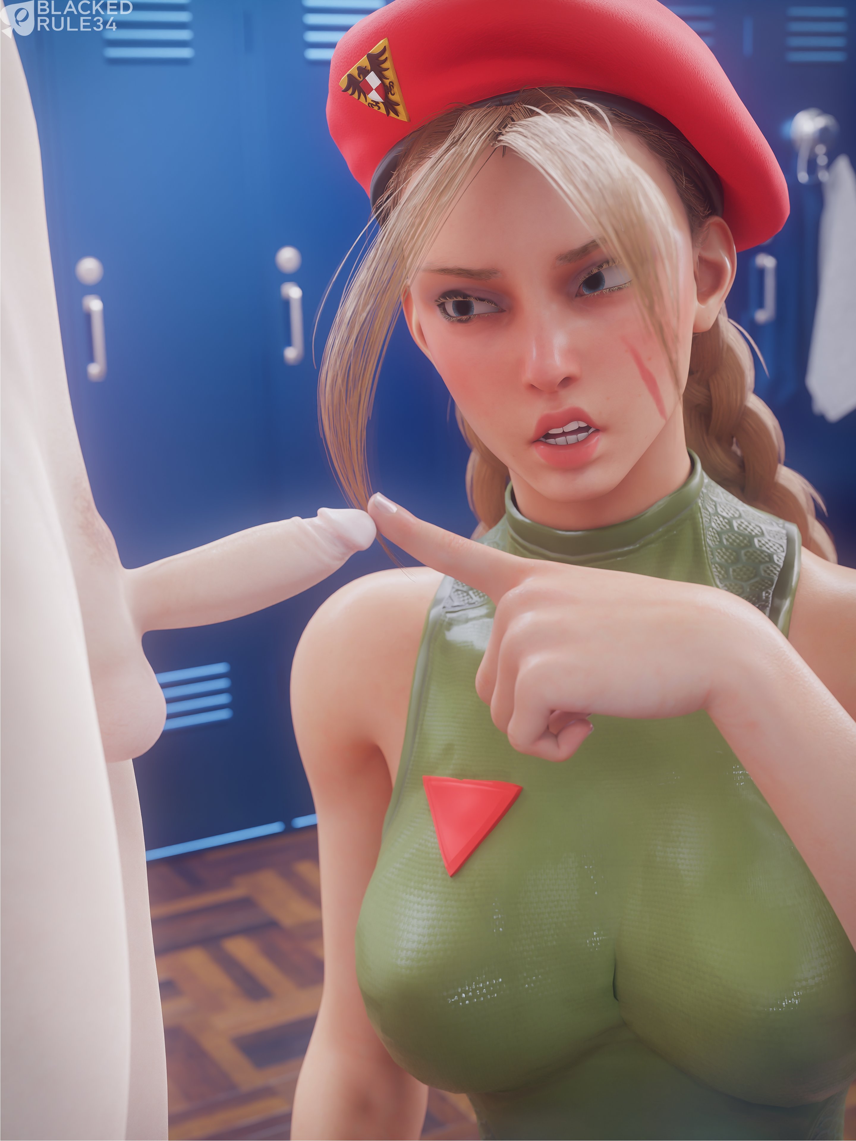 1boy, 1girls, 3d, blackedr34, blonde hair, cammy white, clothed, clothed female, clothed female nude male, female, light skin, light-skinned female, light-skinned male, locker room, male, naked, naked male, one-finger handjob, pale skin, pale-skinned female, pale-skinned male, penis, small penis, small penis humiliation, street fighter, touching penis