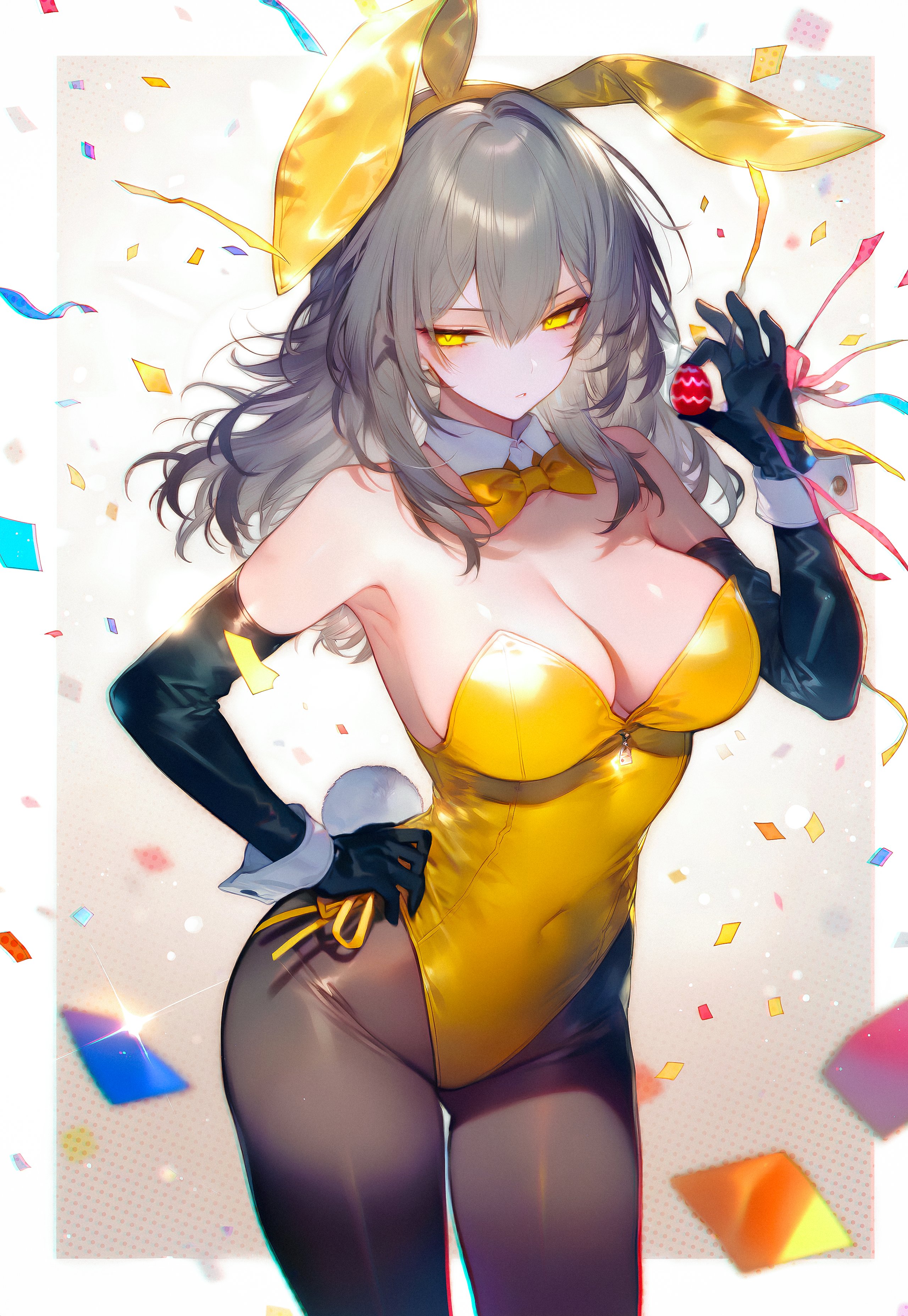 1girls, ai generated, breasts, bunny ears, bunny tail, bunnysuit, cleavage, diffirresponsibly, female, female only, grey hair, high resolution, honkai: star rail, large breasts, solo, stelle (honkai: star rail), thighs, very high resolution, wide hips, yellow eyes