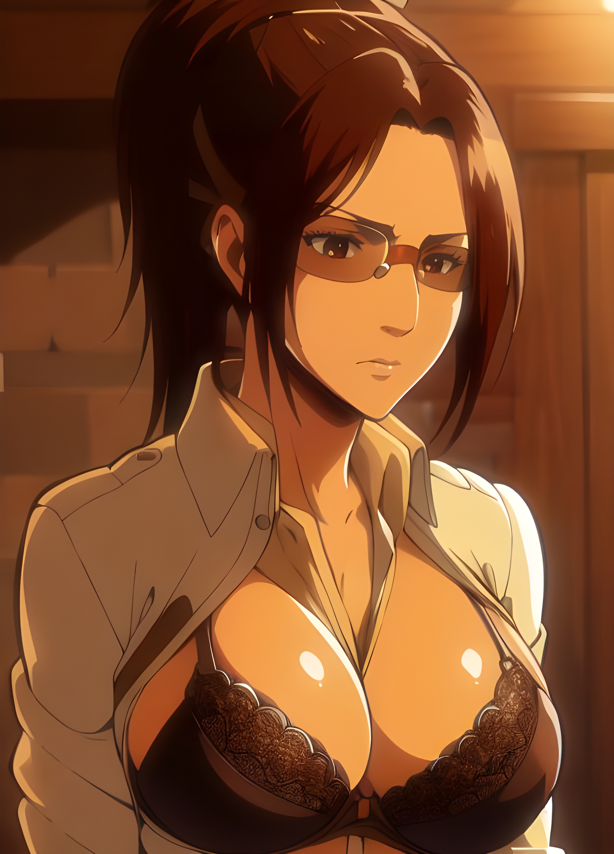ai generated, attack on titan, black bra, bra, breasts, breasts out, brown hair, clothed, female, glasses, hanji zoe, partially clothed, shingeki no kyojin, solo, solo female, white shirt