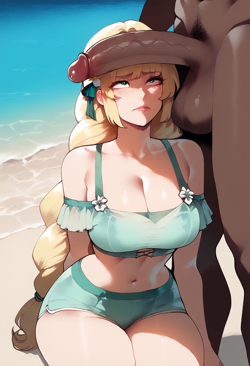 1boy 1girl ai_generated beach big_breasts big_penis bikini blonde_hair braided_hair civitai cleavage cock_on_face curvy dark-skinned_male detailed_background female fire_emblem fire_emblem:_three_houses fire_emblem_heroes floox green_bikini green_eyes green_swimwear hair_flower huge_breasts huge_cock ingrid_brandl_galatea ingrid_brandl_galatea_(summer) interracial large_breasts light-skinned_female long_hair looking_at_penis looking_up mature_female milf nervous nintendo outdoors ponytail pubic_hair shorts swimwear thiccwithaq_(ai_style) veiny_penis very_long_hair wide_hips