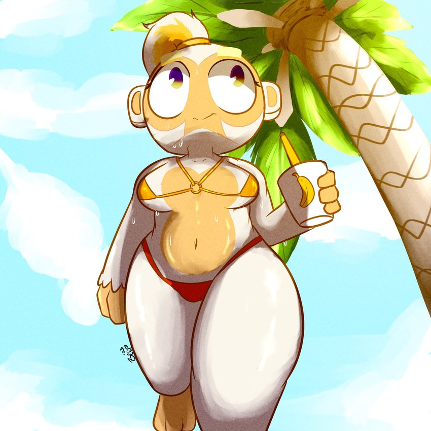 1girls adora_(bloons_tower_defense) anthro beep! beverage bikini bikini_bottom bikini_top bloons_tower_defense drink female holding_drink low-angle_view monkey monkey_girl navel palm_tree primate small_breasts smile solo sweat swimwear white_fur worm's-eye_view