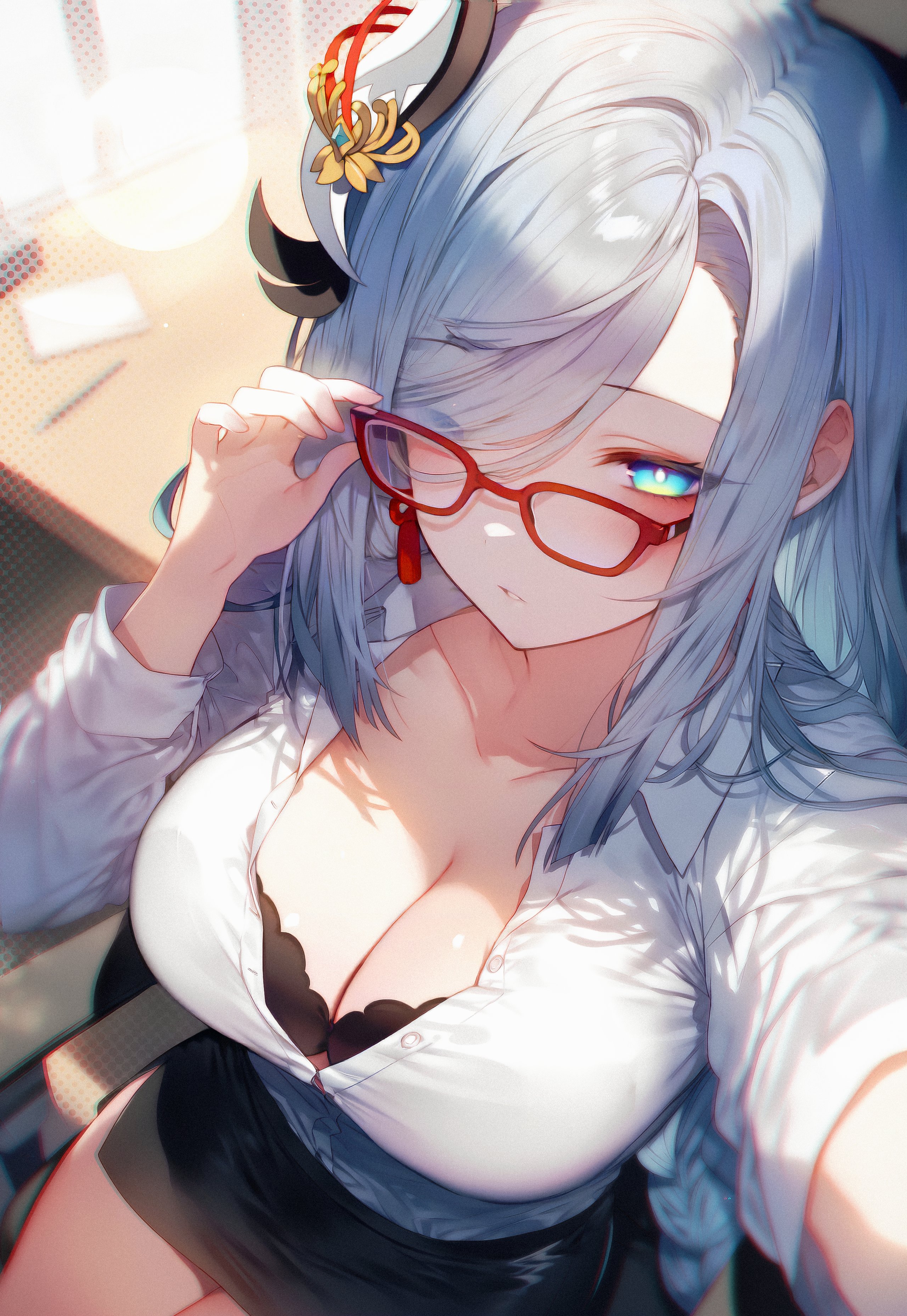 1girls, ai generated, bra, breasts, cleavage, diffirresponsibly, female, female only, genshin impact, glasses, high resolution, large breasts, looking at viewer, office clothing, office lady, shenhe (genshin impact), skirt, solo, thighs, very high resolution
