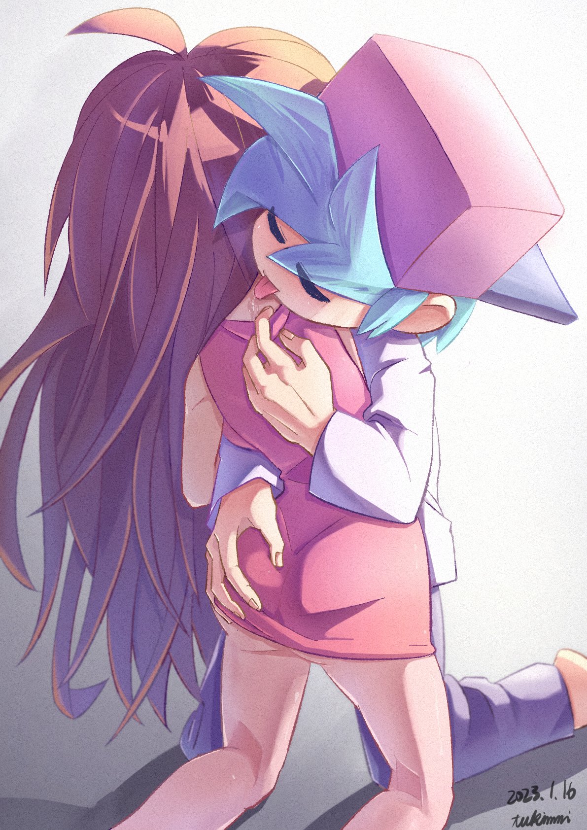 1boy, 1girls, anonymous artist, ass, ass grab, ass in dress, blue hair, boyfriend (friday night funkin), brown hair, canon couple, closed eyes, clothing, female, foreplay, friday night funkin, girlfriend (friday night funkin), holding partner, hugging, licking, licking neck, male, straight, tongue, tongue out, wholesome