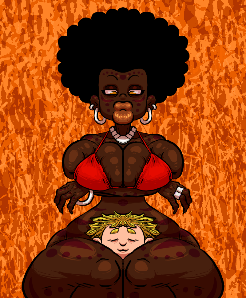 african african_female afro between_legs big_breasts big_lips bikini_top black_female bottomless bottomless_female breasts dark-skinned_female dark_skin jewelry light-skinned_male light_skin lips original_character raceplay racism shirtbusters size_difference tagme tribal_markings