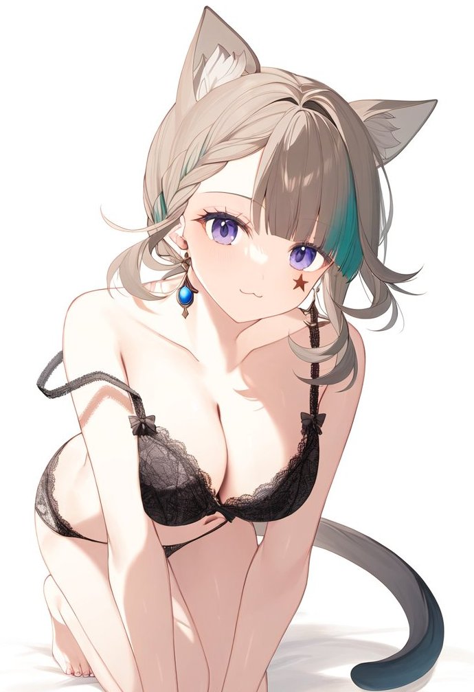 :3, 1girls, adorable, ai generated, all fours, bra, breasts, cat ears, cat girl, cat tail, catgirl, cleavage, cute, female, female only, genshin impact, looking at viewer, lynette (genshin impact), nail polish, panties, smile, solo