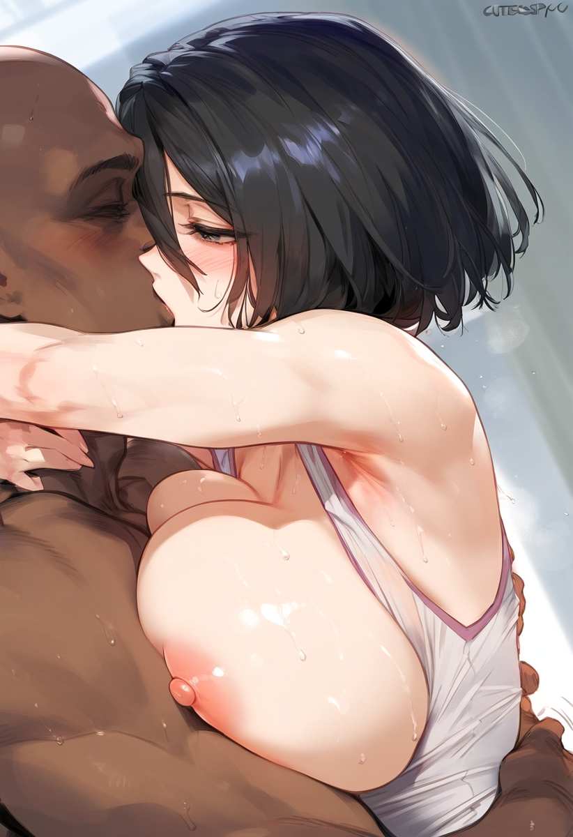 1boy, 1girls, ai generated, attack on titan, breasts, breasts out, breasts pressed against partner, color, dark skin, dark-skinned male, female, female focus, interracial, kissing, large breasts, male, mikasa ackerman, mrteardrop, nipples