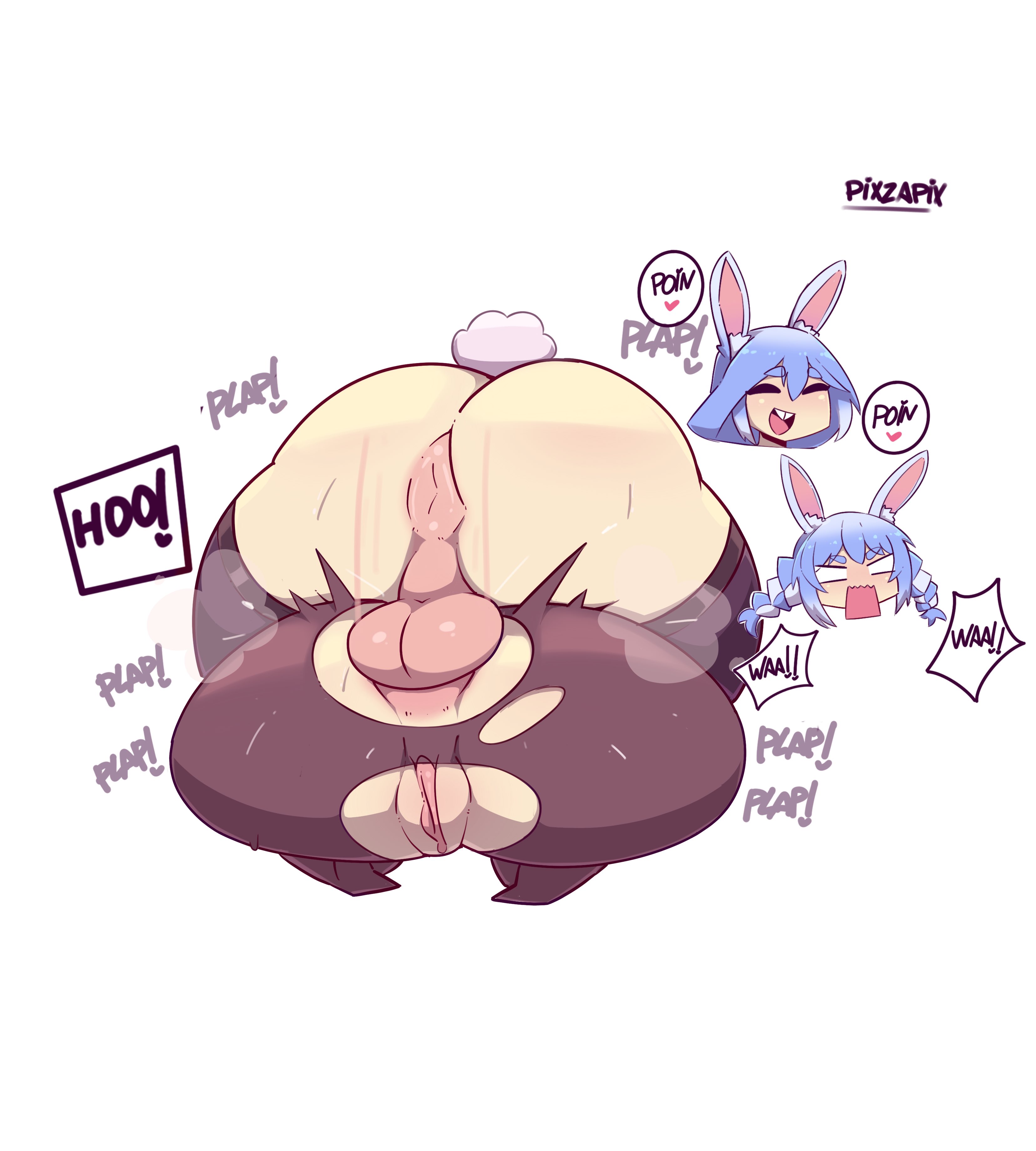 1futa, 1girls, anal, anal sex, animal ears, ass, ass focus, back view, balls, big ass, blue hair, clothed, clothing, dickgirl, duo, female, futa on female, futa sans pussy, futanari, hololive, hololive japan, humanoid, humanoid penis, incest, intersex, kemonomimi, large ass, large penis, light skin, light-skinned female, light-skinned futa, long hair, mostly clothed, mother and daughter, pekomama, penis, pixzapix, rabbit ears, thighhighs, uncensored, usada pekora, virtual youtuber