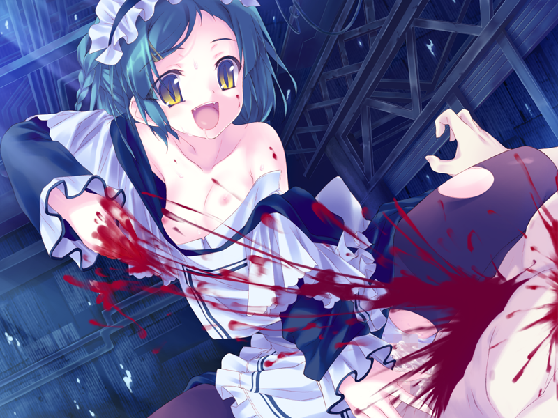 1boy :d amami_mikihiro apron aqua_hair black_dress black_pantyhose blood blood_on_face bow braid breasts censored collarbone cowgirl_position cum cum_in_pussy dress drooling ero_guro fangs female game_cg gradient_eyes guro hair_ornament hairbow hairclip kizuato maid maid_apron maid_headdress medium_breasts medium_hair mosaic_censoring multicolored_eyes nipples non-web_source official_art open_mouth pantyhose purple_eyes scary_sex sex single_braid slit_pupils small_nipples smile straddling straight sweat takasago_rikka torn_clothes torn_pantyhose vaginal_penetration white_apron white_dress yellow_eyes