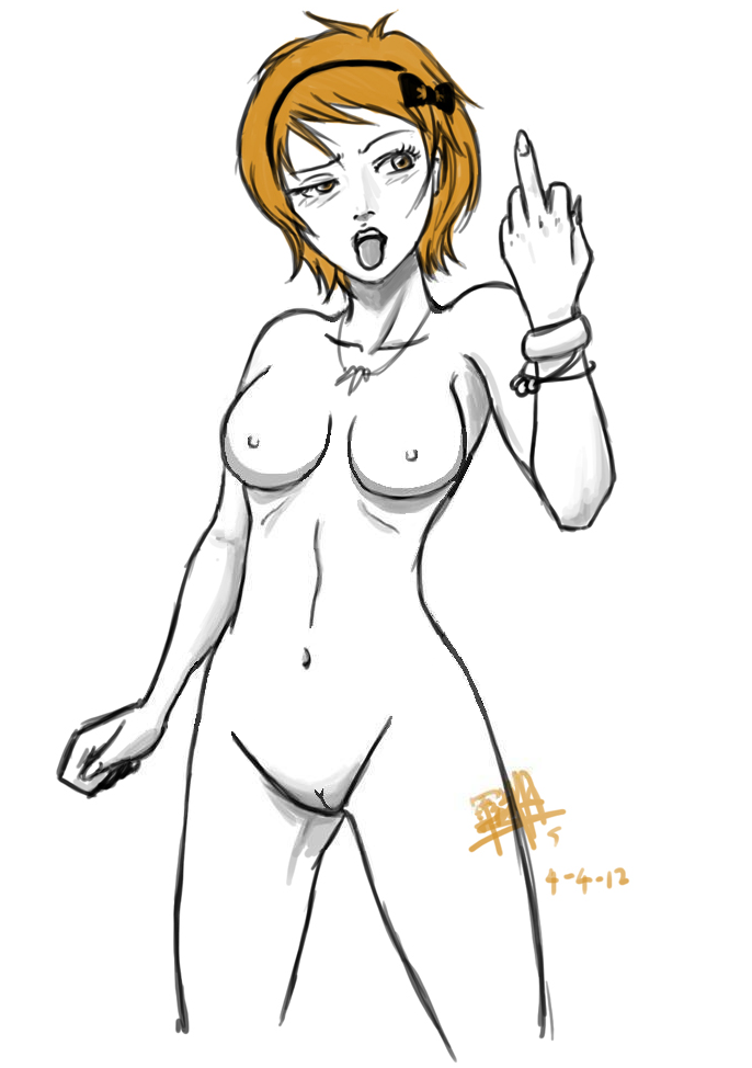 1girls artist_request blonde_hair bracelet breasts derpina female female_only flipping_off hairband meme middle_finger necklace nude pussy rage_comics solo tongue tongue_out white_background white_skin yellow_eyes