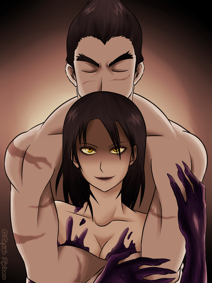 1boy black_hair bodypaint breasts cleavage closed_eyes eyebrows female goo happy highres hug hug_from_behind jun_kazama kajiko_kylance kazama_jun kazuya_mishima kylance long_hair male medium_breasts namco nude possession scar smile spiked_hair tekken tekken_2 tekken_tag_tournament tekken_tag_tournament_2 thick_eyebrows unknown_(tekken) yellow_eyes