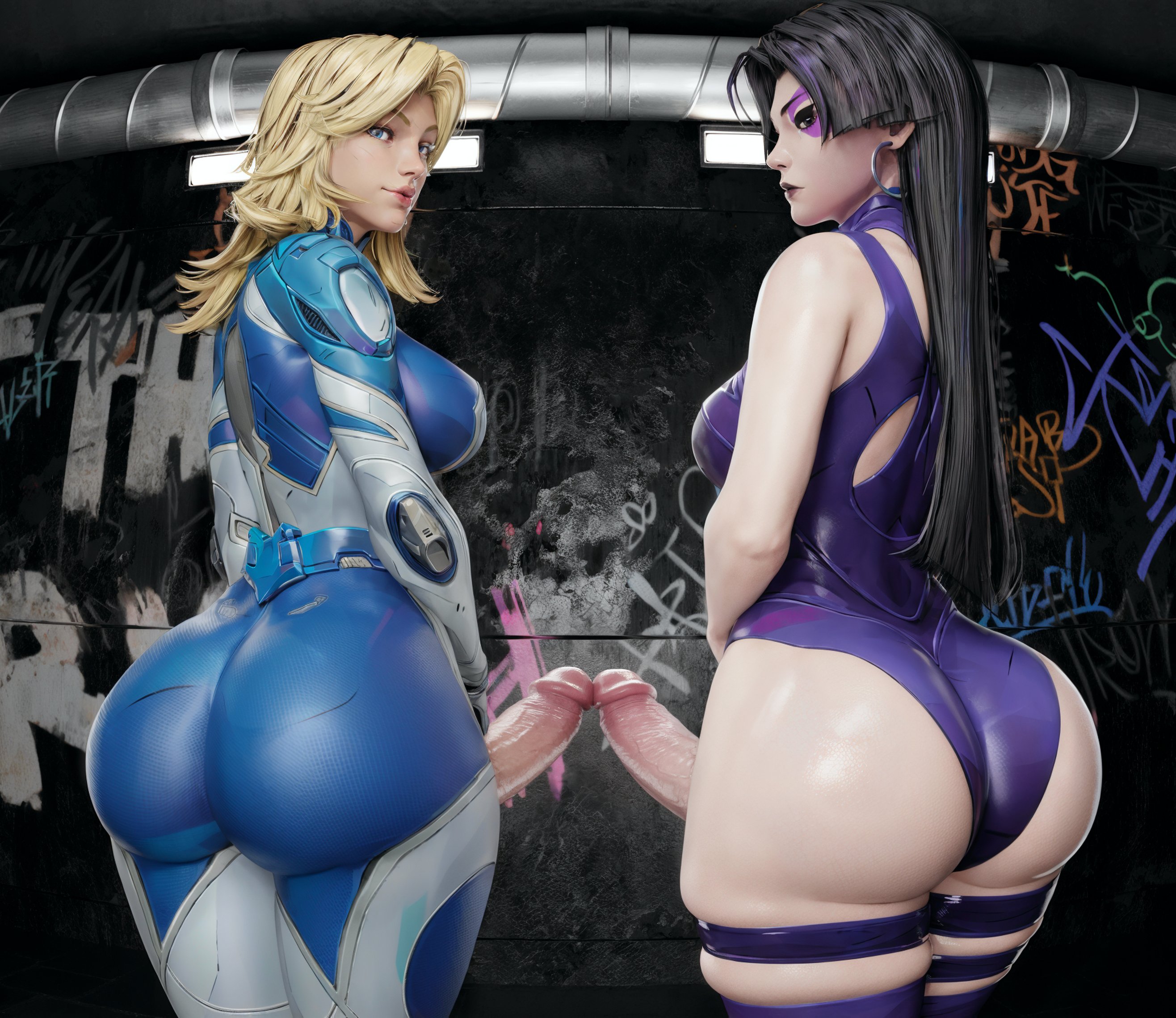 2futas, 3d, asian futa, ass, ass focus, big ass, big ass (futa), big butt, big penis, black hair, blonde hair, bodysuit, breasts, erection, frottage, futa on futa, futa only, futanari, huge ass, huge cock, human, intersex, invisible woman, invisible woman (marvel rivals), leotard, looking at viewer, looking back, looking back at viewer, marvel, marvel rivals, penis, penis touching penis, penises touching, psylocke, psylocke (marvel rivals), psylocke (sai) (vengeance), sue storm, thick thighs, zzzxxxccc