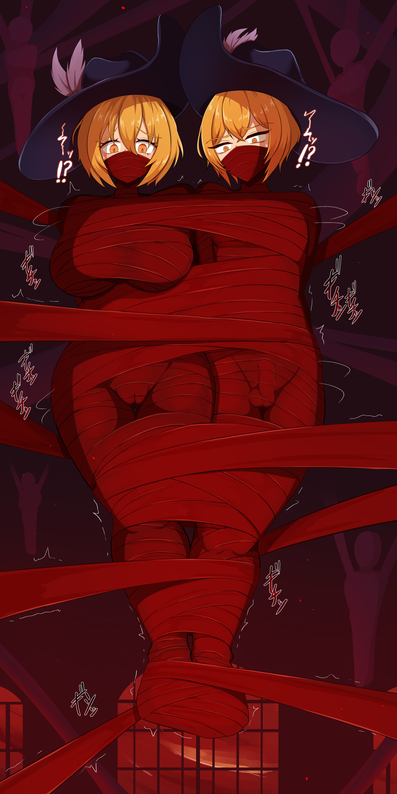 1boy, 1girls, big breasts, blonde hair, bondage, both sexes in same situation, bound, breasts, bulge, cinq association (identity) (project moon), don quixote (limbus company), female, hat, limbus company, male, malesub, mummification, project moon, restrained, sasakiuria, short hair, sinclair (limbus company), submissive male