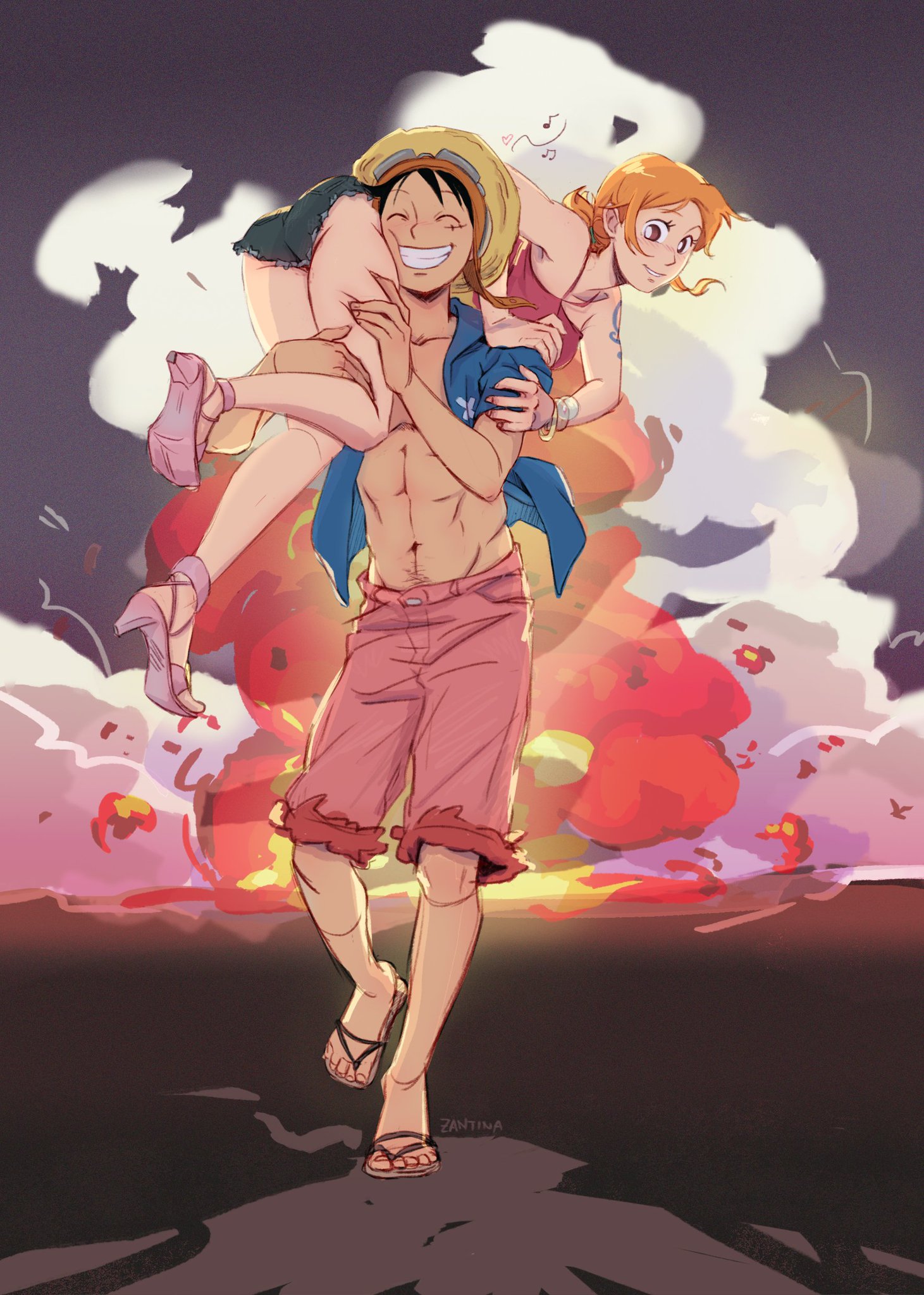 1boy, 1girls, abs, arm tattoo, ass, bite mark, bite mark on thigh, bite marks, black hair, black-haired male, blue tattoo, carrying another, carrying partner, clothed, clothed female, clothed male, clothing, color, cute, explosion, face against ass, female, female/male, happy, male, male/female, monkey d luffy, muscles, nami (one piece), one piece, one piece film strong world, orange hair, orange-haired female, post-sex, pre-timeskip, sandals, short shorts, shorts, smile, tattoo, thigh grab, thighs, wholesome, zantinaa