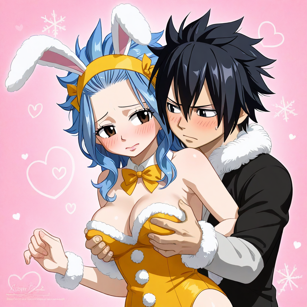 1boy 1girls ai_generated black_hair blue_hair bunnysuit couple fairy_tail gray_fullbuster levy_mcgarden sensual