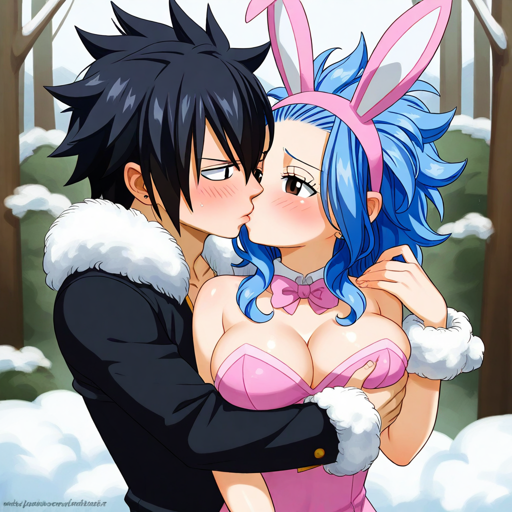 1boy 1girls ai_generated black_hair blue_hair bunnysuit couple fairy_tail gray_fullbuster levy_mcgarden sensual