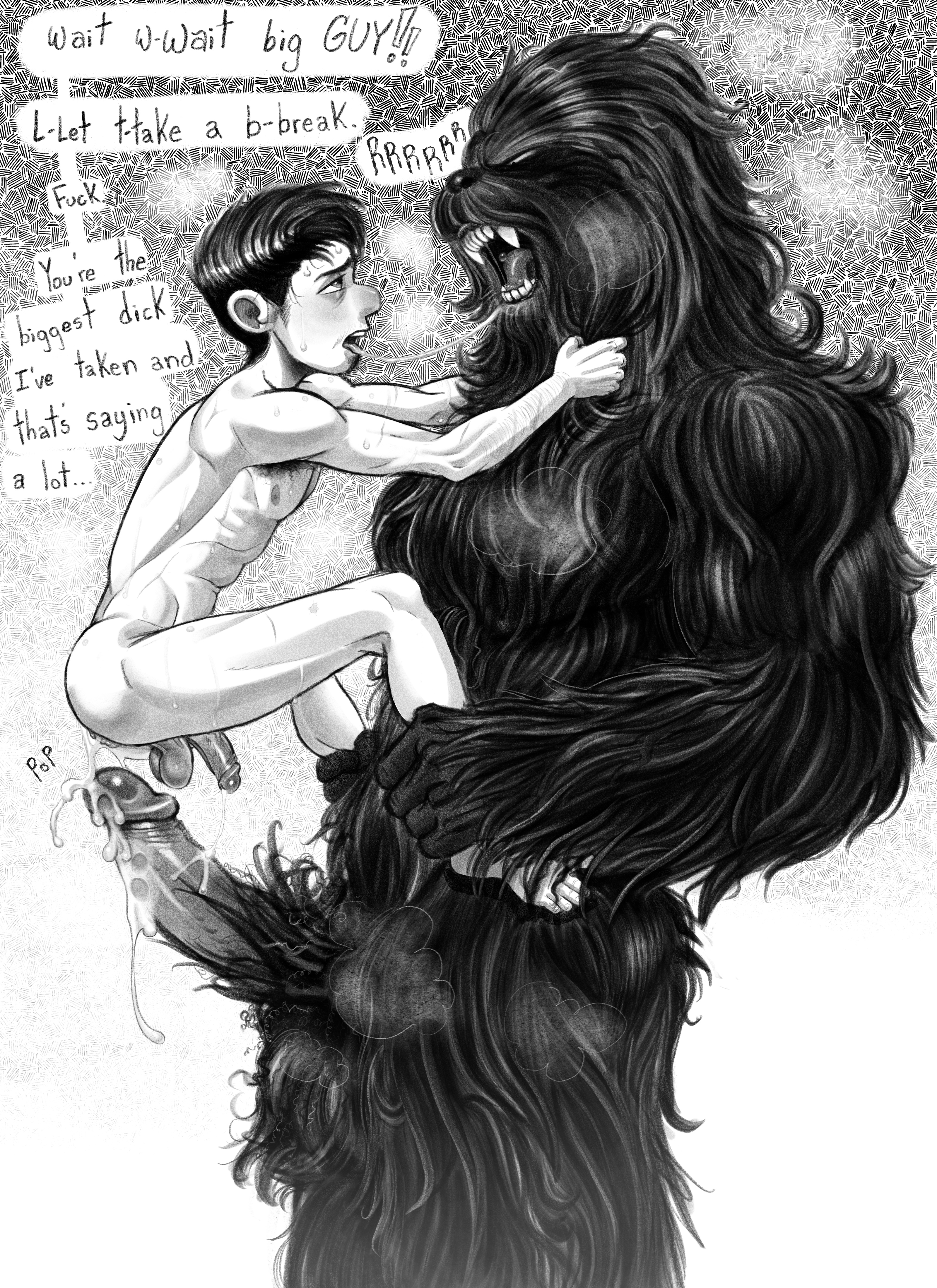2boys, anal, asking to slow down, biceps, chewbacca, cum, dialogue, gay, male, male human/male alien, male only, muscular, muscular male, pecs, size difference, stand and carry position, standing, standing sex, star wars, triceps, tush, verbal, yaoi