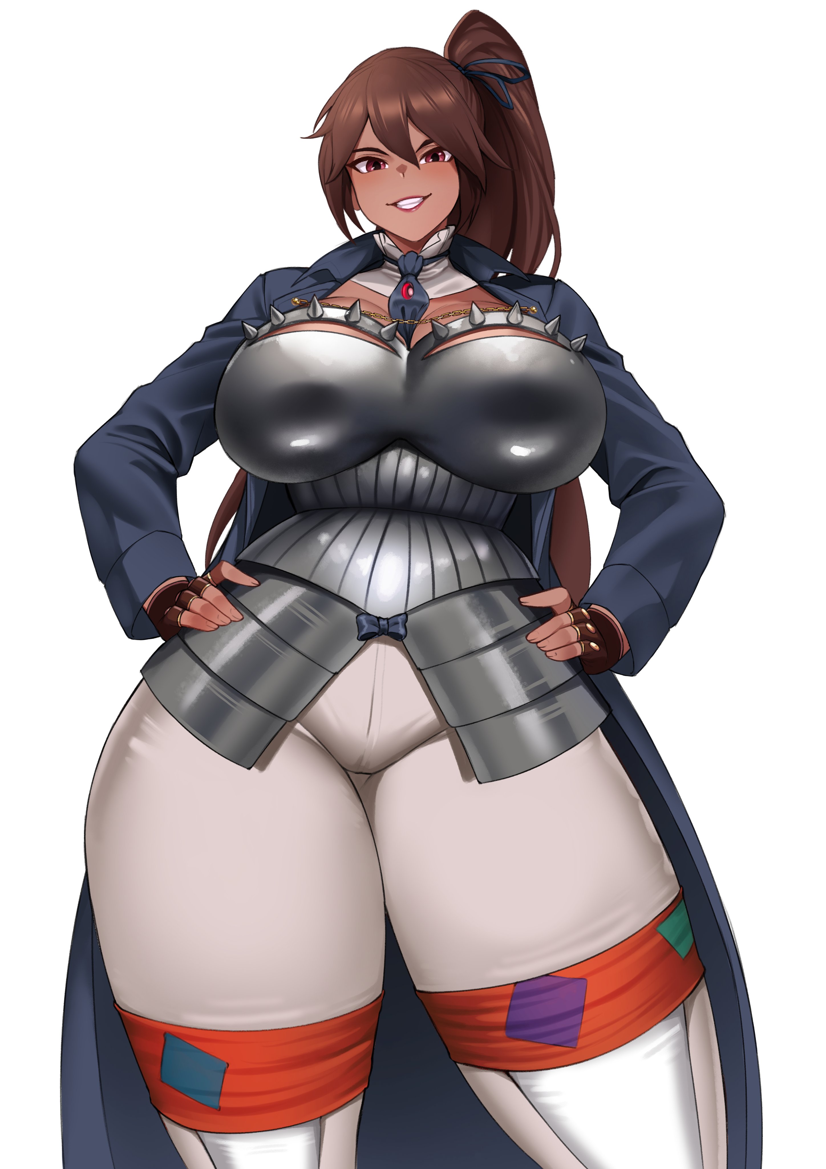 1girls, armor, armored, armored female, breastplate, breasts, brigand (tales of androgyny), brown hair, canon futa, chains, coat, dark skin, dark-skinned female, detached collar, fanart, female, fingerless gloves, gojich1, grin, hair ribbon, hands on hips, huge breasts, long hair, looking at viewer, magenta eyes, necktie, nsfw version available, open coat, ponytail, popped collar, purple lipstick, sfw version, smile, spikes, tales of androgyny, thick thighs, trenchcoat