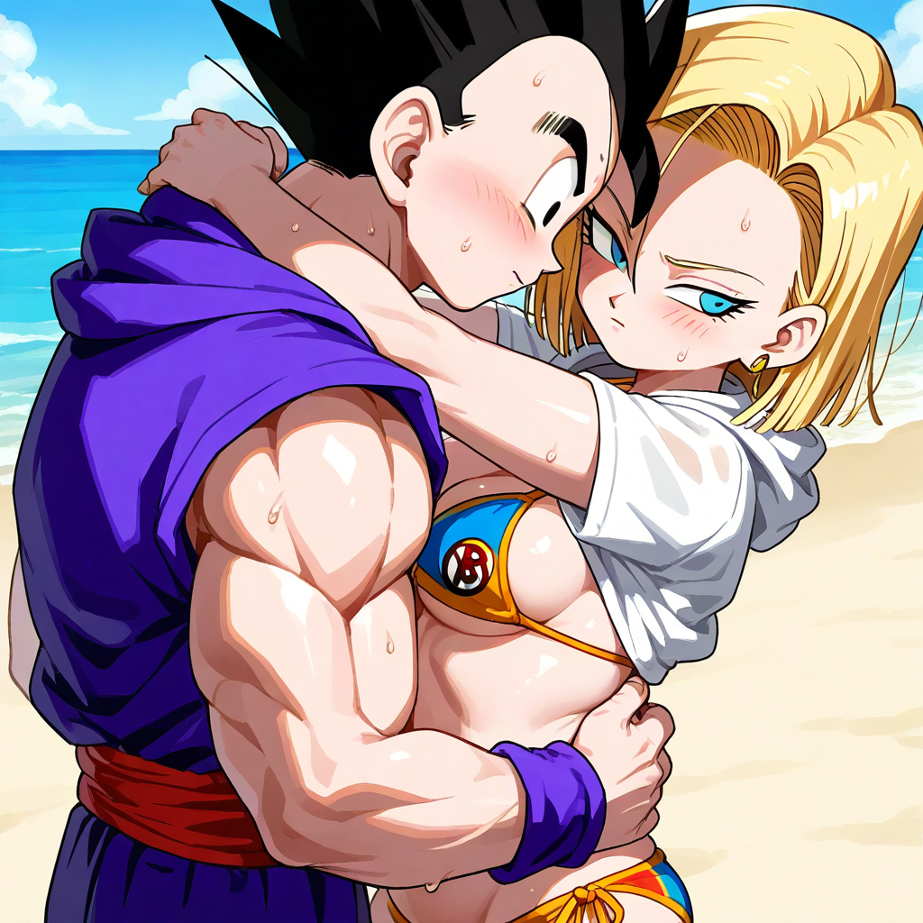 ai_generated android_18 beach bikini black_hair blonde_hair blue_eyes couple dragon_ball dragon_ball_super dragon_ball_z ntr son_gohan toned_female