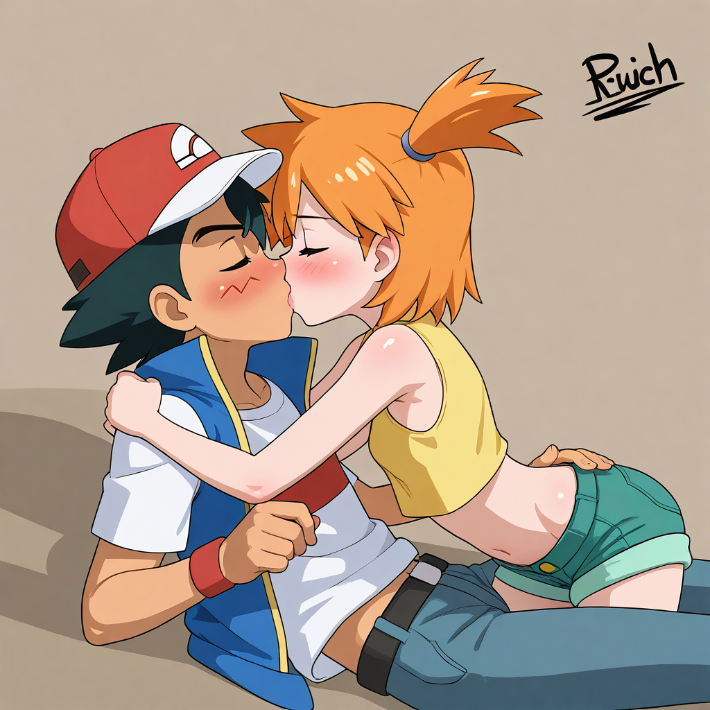 1boy 1girls ai_generated black_hair couple kasumi_(pokemon) kasumi_(pokemon) orange_hair pokemon satoshi_(pokemon)