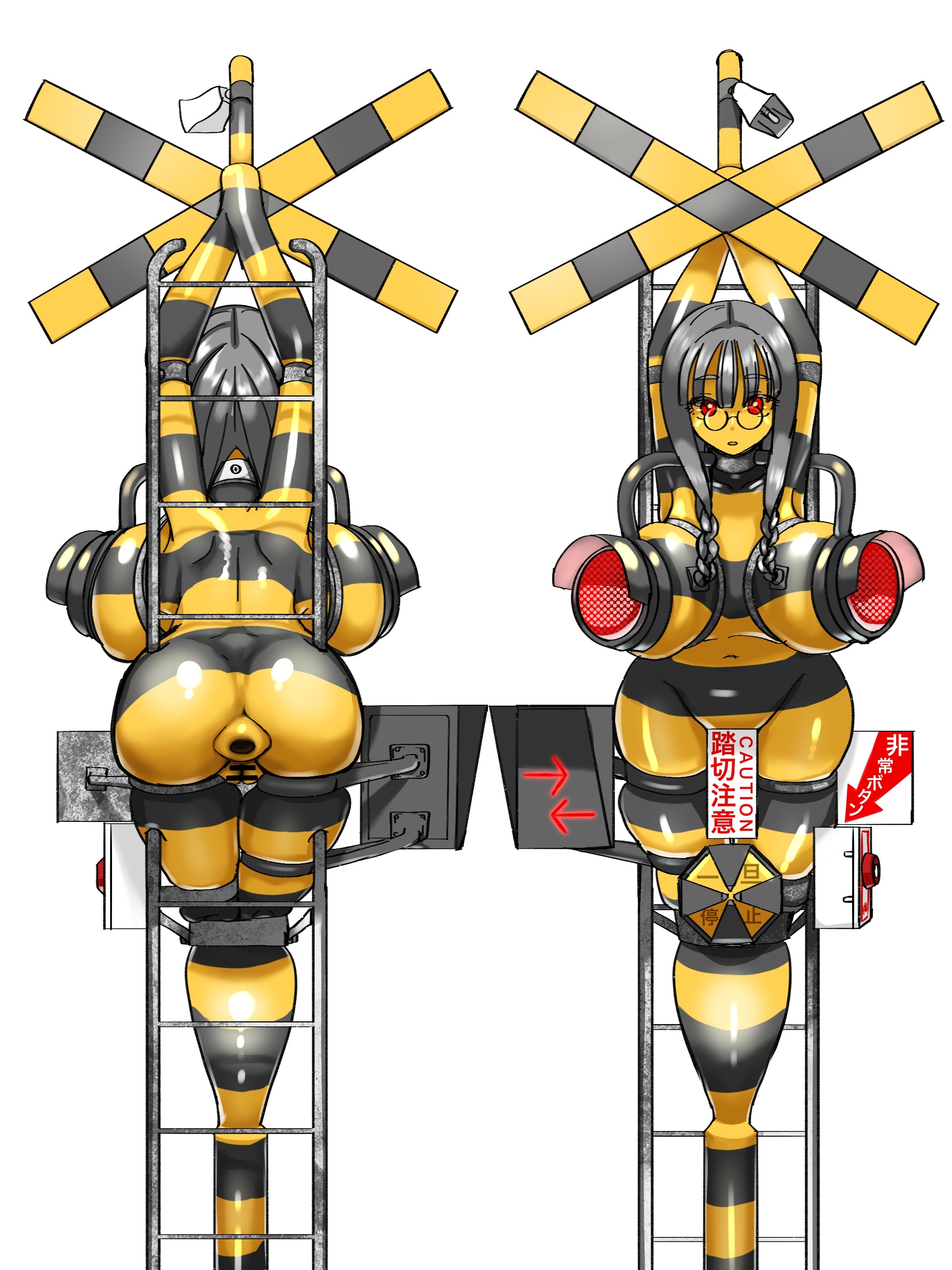 1girls, anus, anus peek, archipelagor18, arms up, ass, ass bigger than head, back view, backboob, big ass, big breasts, bondage, bound, breasts, breasts bigger than head, completely nude, female, female only, glasses, grey hair, huge ass, huge breasts, inanimate, inanimate transformation, large ass, large breasts, navel, nipple covers, nude, nude female, object transformation, objectification, pussy, railroad crossing, red eyes, sign, stationary restraints, striped body, stuck in object, thick, thick ass, thick butt, thick thighs, thighhighs, thighs, transformation, yellow body, yellow skin