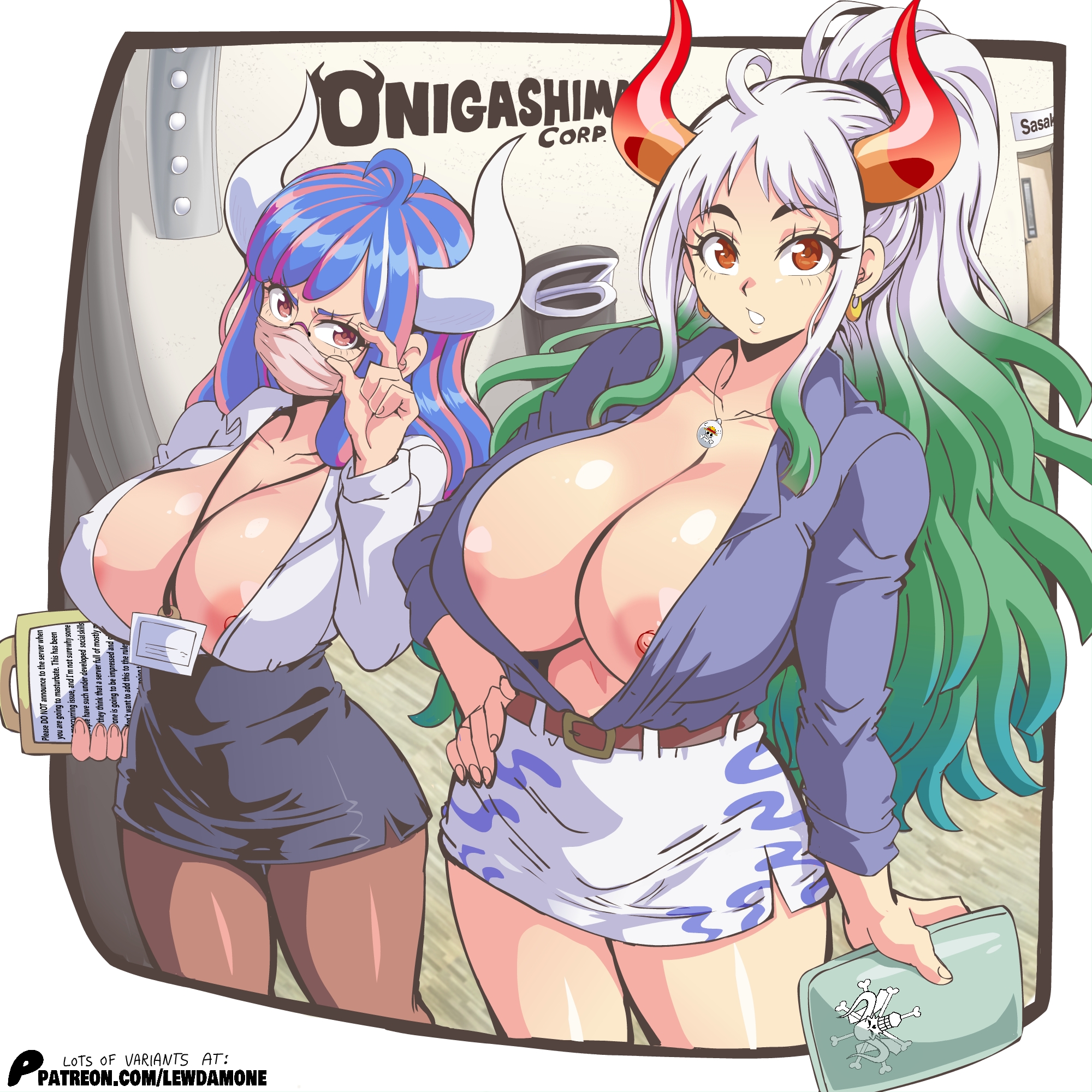 2girls, areola slip, areolae, big breasts, blue hair, blue-haired female, breasts, cleavage, clothed, clothing, color, english text, fat breasts, female, female focus, female only, fit female, glasses, hi res, horns, huge breasts, large breasts, lewdamone, light skin, light-skinned female, long hair, looking at viewer, mask, multicolored hair, nipple slip, nipples, office clothing, office lady, one piece, pink eyes, shounen jump, skirt, solo female, taller female, text, thick thighs, two-tone hair, ulti (one piece), voluptuous, voluptuous female, white hair, white-haired female, yamato (one piece)