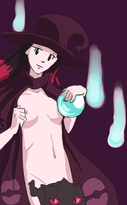 ambiguous_gender banette black_eyes black_hair breasts cape censored convenient_censoring crystal_ball female ghost hex_maniac hex_maniac_(gen_3) human long_hair midriff navel nipples npc_trainer pokemon pokemon_rse purple_background red_eyes red_hair sketch small_breasts solo_focus tediousramen witch_hat