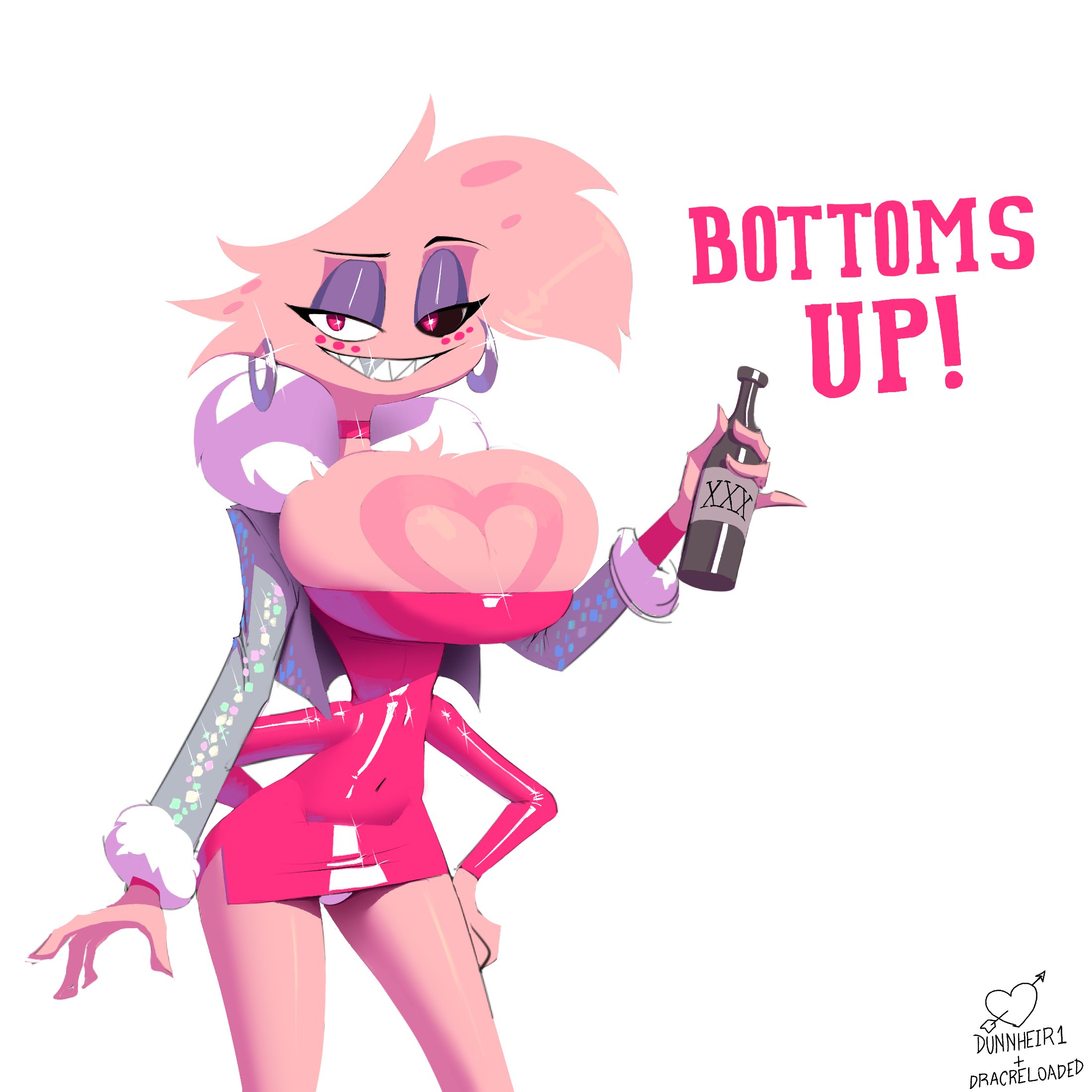 1boy, angel dust (hazbin hotel), breasts, breasts bigger than head, crossdressing, dracreloaded, dress, dunnhierdraws, english text, femboy, feminine male, front view, girly, hazbin hotel, male, male only, male with breasts, pink hair, shiny clothes, solo, solo male