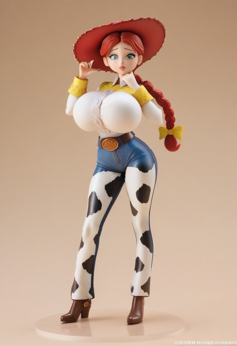 1girls ai_generated belt blush boots braid civitai covered_breasts cow_print figure green_eyes hat huge_breasts jessie_(toy_story) long_hair looking_at_viewer mamely32 red_hair solo toy_story