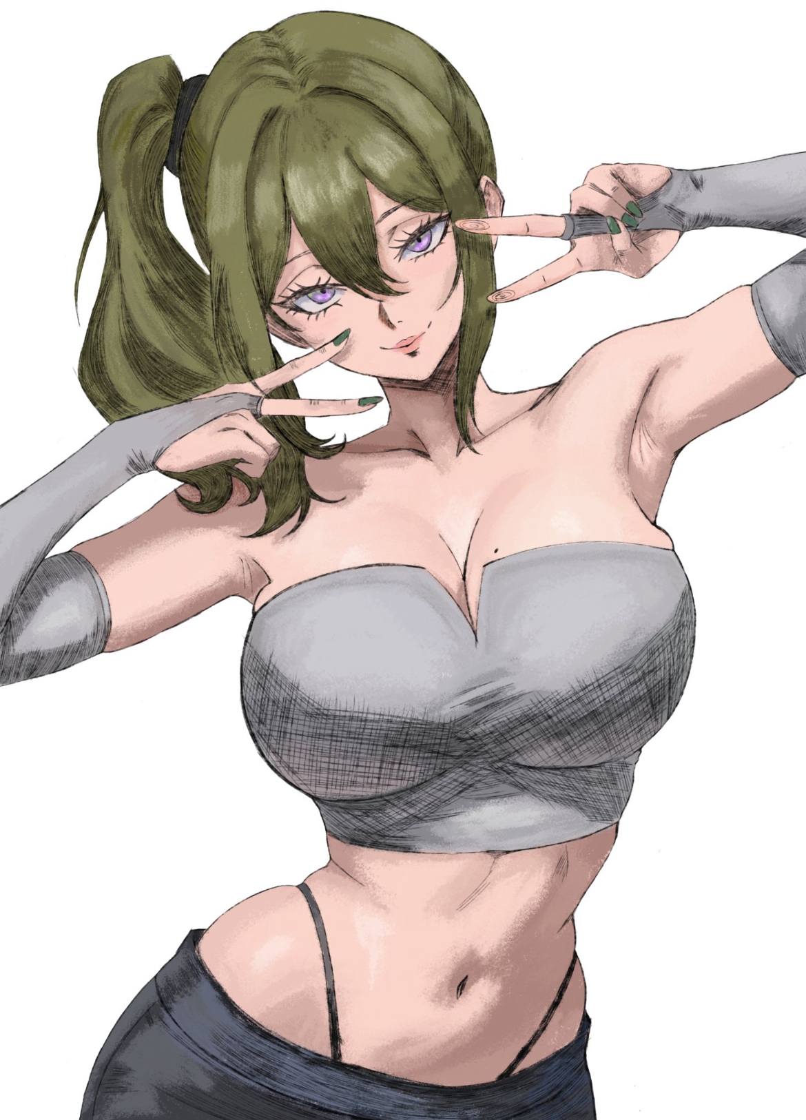 armpit, armwear, belly, big breasts, cleavage, cleavage overflow, cute, cute face, eddenikki, female, female focus, female only, green hair, hair between eyes, midriff, peace symbol, ponytail, purple eyes, sexy, sexy body, side ponytail, slim waist, solo, solo female, solo focus, sousou no frieren, thong straps, top, tummy, ubel (sousou no frieren)
