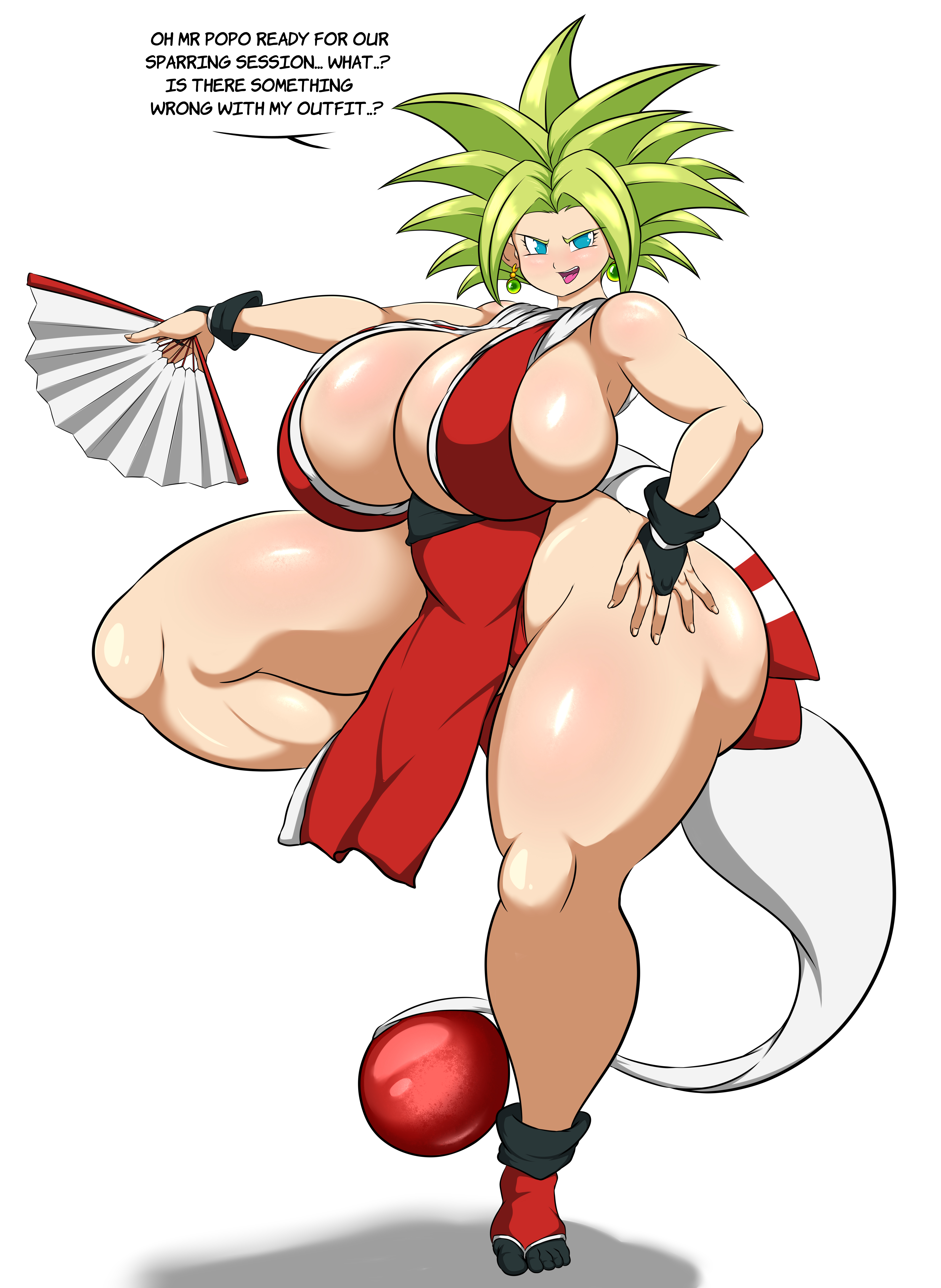1girls, absurd res, absurdres, ass, ass bigger than head, big ass, big breasts, blue eyes, breasts, breasts bigger than head, bubble ass, bubble butt, codeyumi, cosplay, dragon ball, dragon ball super, english text, fatal fury, female, female only, female saiyan, folding fan, green hair, hi res, highres, huge ass, huge breasts, huge butt, huge thighs, kefla, king of fighters, large ass, large breasts, legendary super saiyan, legs, light skin, light-skinned female, looking at viewer, mai shiranui (cosplay), plump, pose, saiyan, self upload, solo, super saiyan, super saiyan 2, talking to viewer, text, thick thighs, thighs, white background