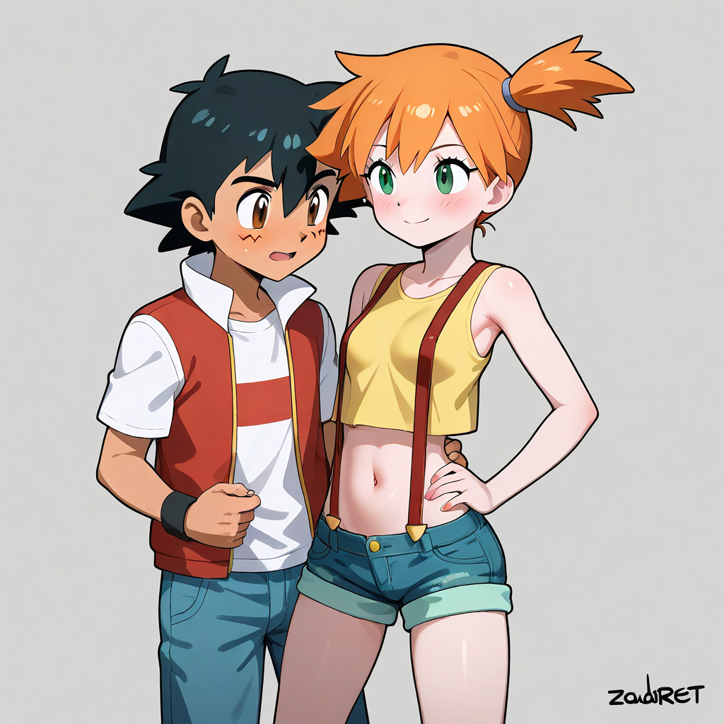 1boy 1girls ai_generated black_hair couple kasumi_(pokemon) kasumi_(pokemon) orange_hair pokemon satoshi_(pokemon)